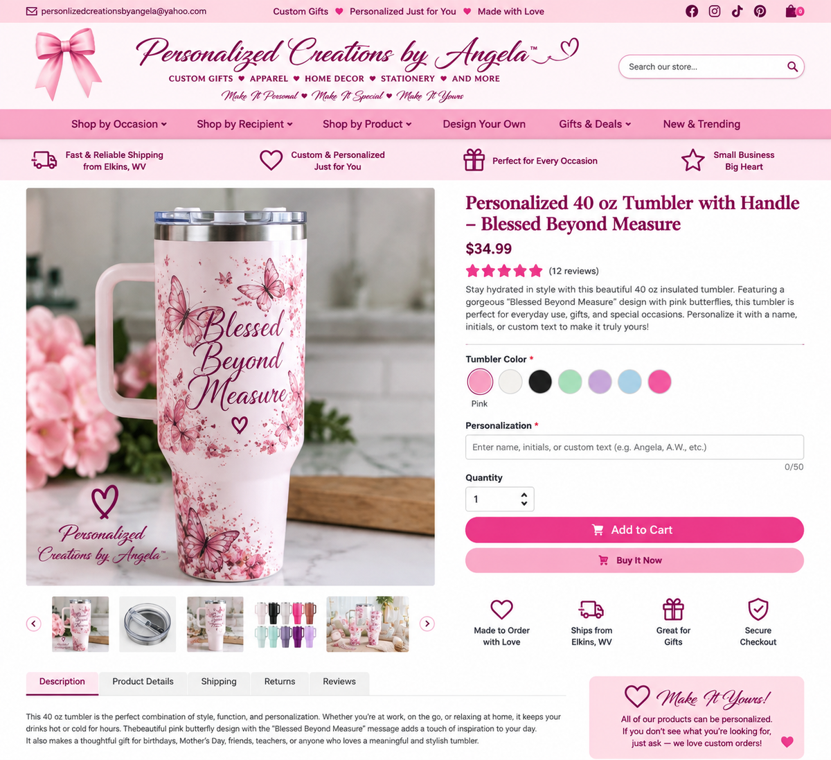Personalized 40 oz tumbler with handle featuring Blessed Beyond Measure butterfly design